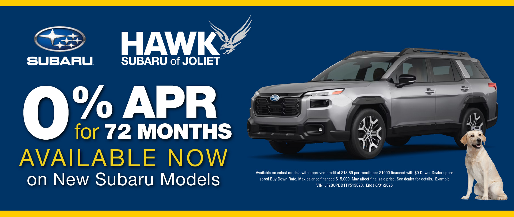 Hawk Subaru Joliet 0% APR for 72 Months